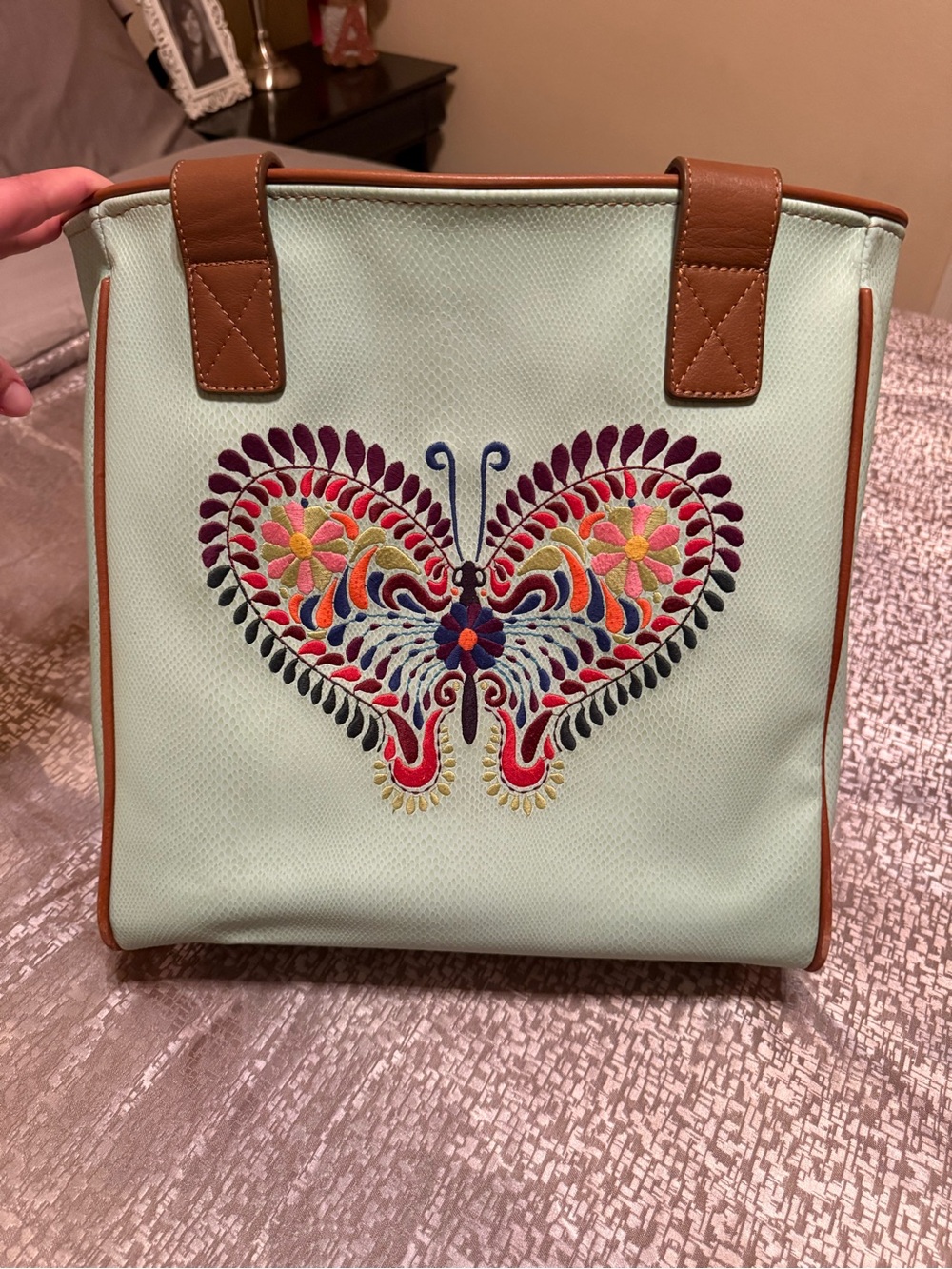 Consuela Mint Tote with Colorful Embroidered Heart Motif